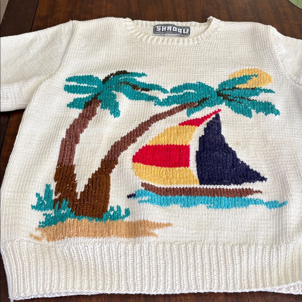 Women's white knit tropical short sleeve sweater